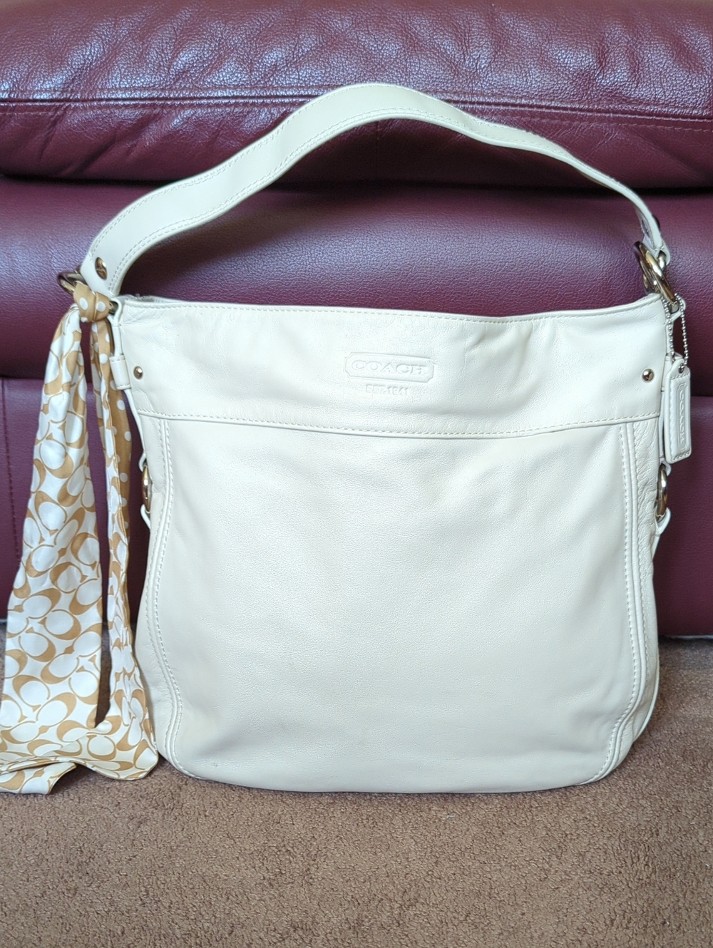 Coach Zoe Creamy White Leather Shoulder Bag with Patterned Scarf Tie